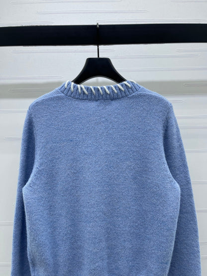 CC 26s Crochet-Trimmed Crew Neck Cardigan Blue Knit 343630