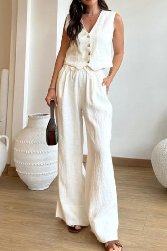 Casual Solid Color Cotton Linen Vest \u0026 Lace-Up Pants Two-Piece Set