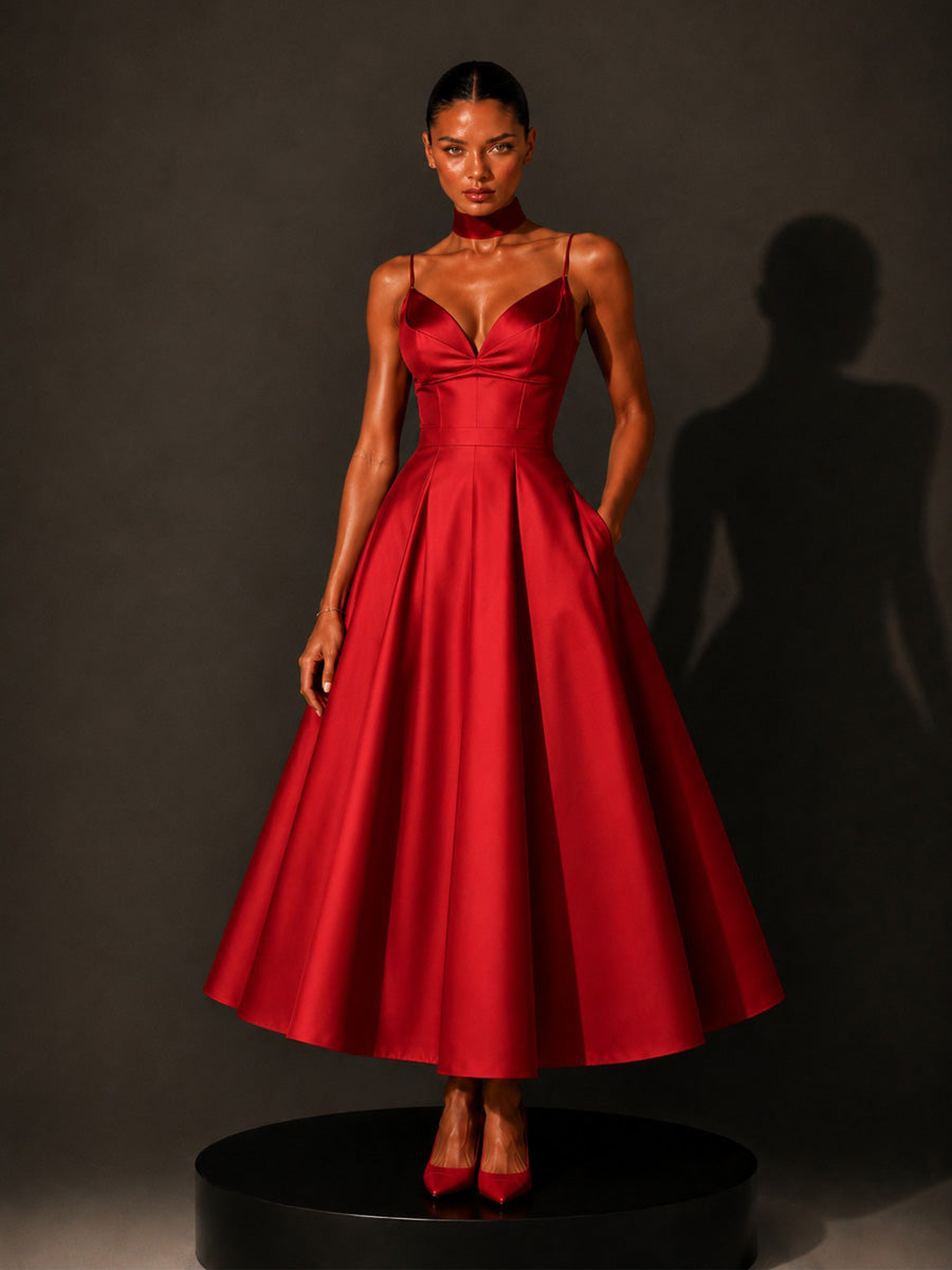 Ruby Retro-Elegant V-Neck Midi Dress In Red