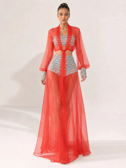 Celestia Rhinestone Sheer Mesh Three-Piece Set