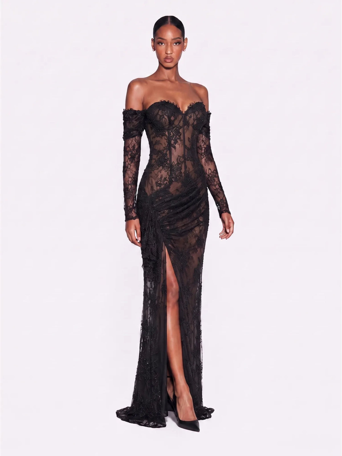 Cosima Rhinestone Strapless Lace Maxi Dress
