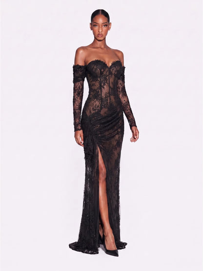 Cosima Rhinestone Strapless Lace Maxi Dress