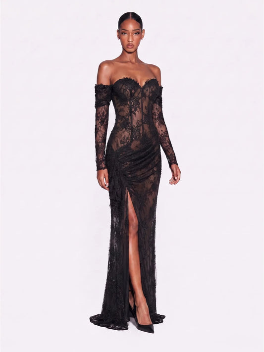Cosima Rhinestone Strapless Lace Maxi Dress