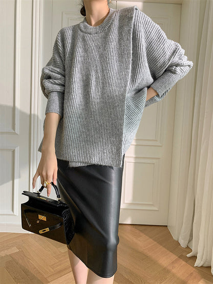 Irregularity Loose Solid Color Batwing Sleeves Round-Neck Sweater Tops