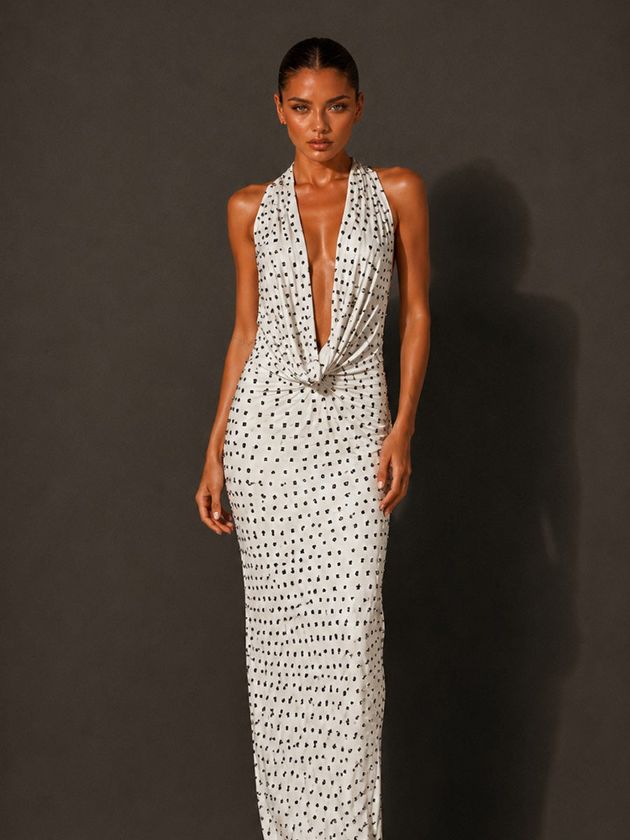 Harper Beaded Halter Backless Maxi Dress