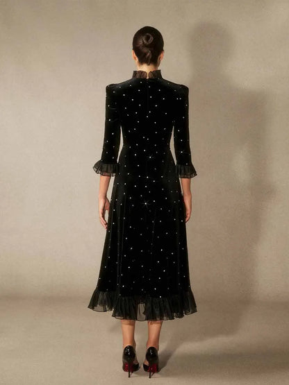 Beatrice Diamante Ruffle Velvet Maxi Dress