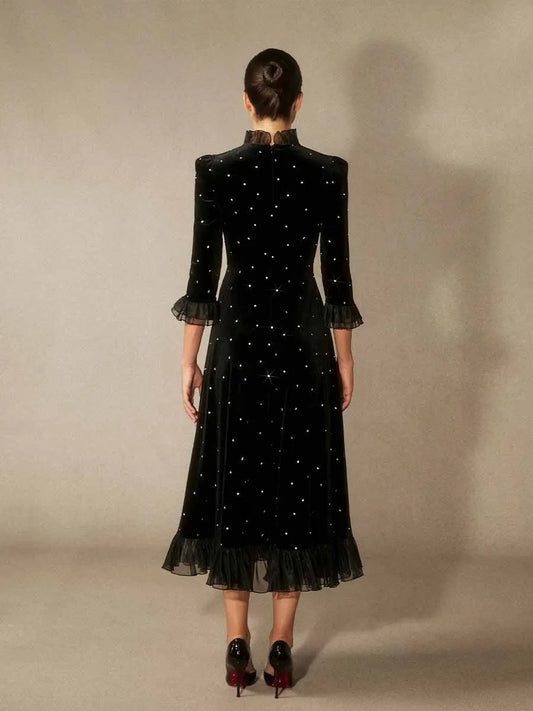 Beatrice Diamante Ruffle Velvet Maxi Dress