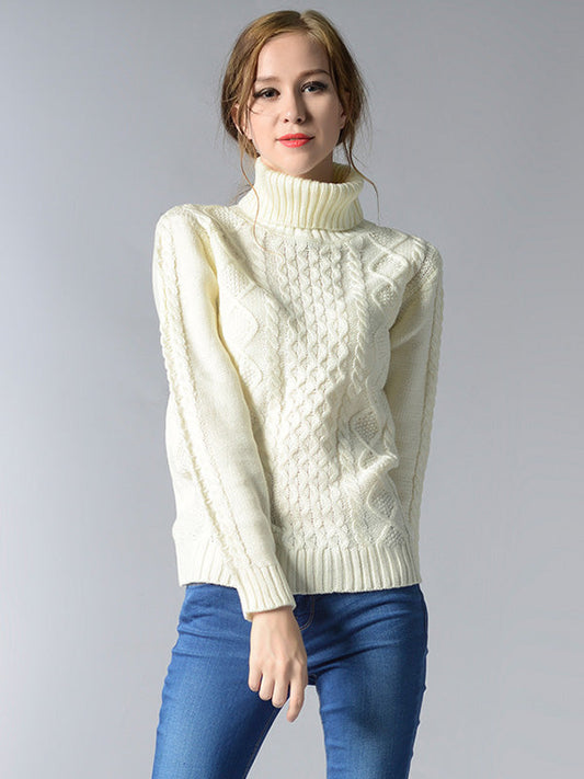 Casual 5 Colors Jacquard High-Neck Long Sleeves Sweater Top