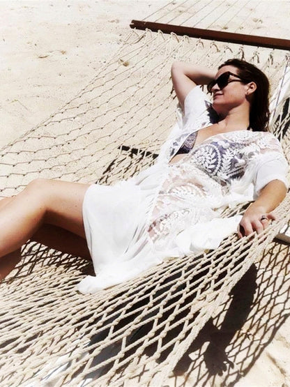 Lace Embroidered Ruffled Chiffon Pullover With Beach Jersey Bikini Blouse