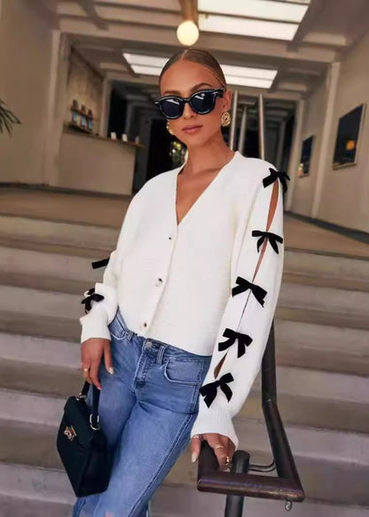 V Neck Knit Cardigan With Bow Accents
