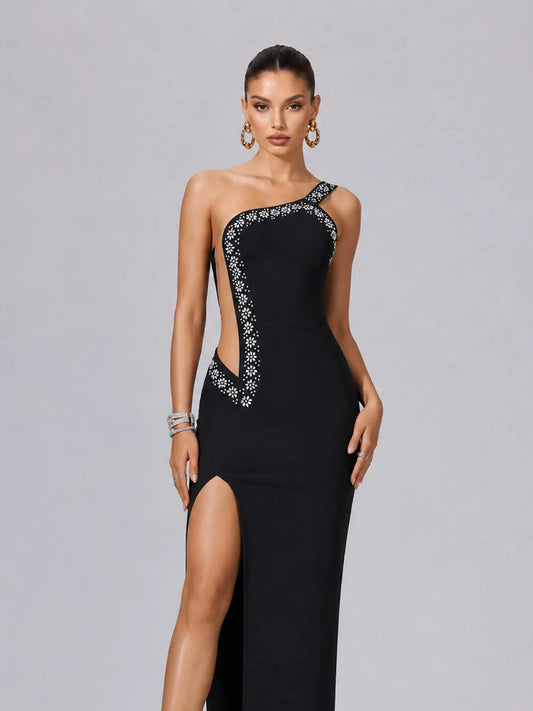 Melinda One Shoulder Rhinestone Cut Out High Slit Bandage Maxi Dress
