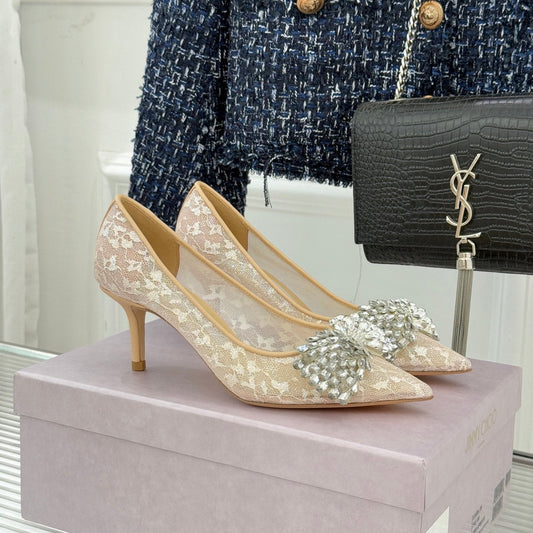JC25WF Rhinestone Bow Pionted Toe High Heels 65 Nude Sheepskin 573536