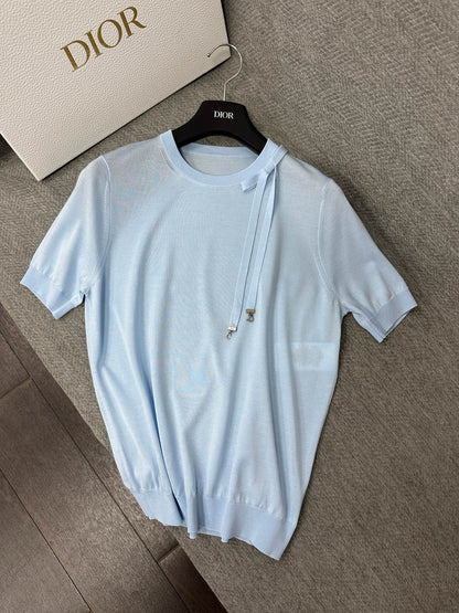 CD Short-Sleeved Fitted Sweater Sky Blue Silk Knit 349493