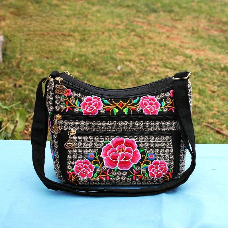 New Ethnic Style Women'S Embroidery Bag Large Capacity Multi Layer Embroidery One Shoulder Crossbody Cosmetic Bag