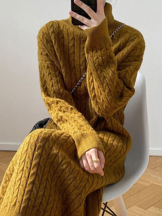 Solid Color H-Line Long Sleeves High Neck Knitted Midi Dresses