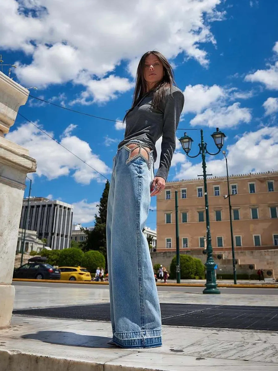 Nicolette Waist Cutout Rhinestone-Embellished Jeans