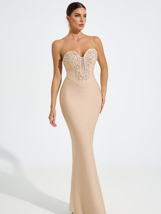 Ava Embellished Nude Mermaid Maxi Dress