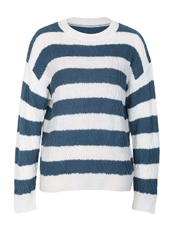 Long Sleeves Loose Contrast Color Striped Round-Neck Pullovers Sweater Tops