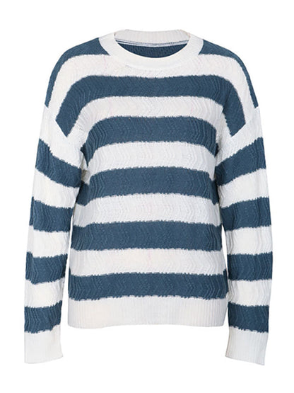 Long Sleeves Loose Contrast Color Striped Round-Neck Pullovers Sweater Tops