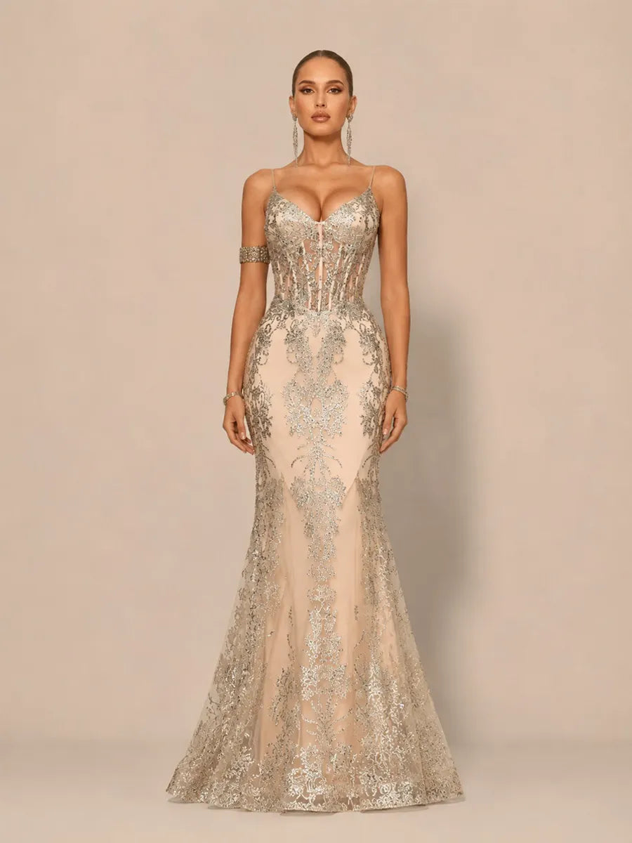 Jasmine Elegant Contour V Neck Sequin Maxi Dress
