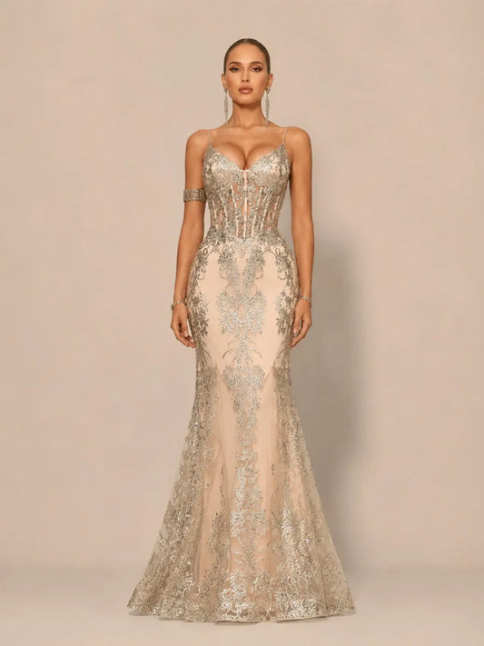 Jasmine Elegant Contour V Neck Sequin Maxi Dress