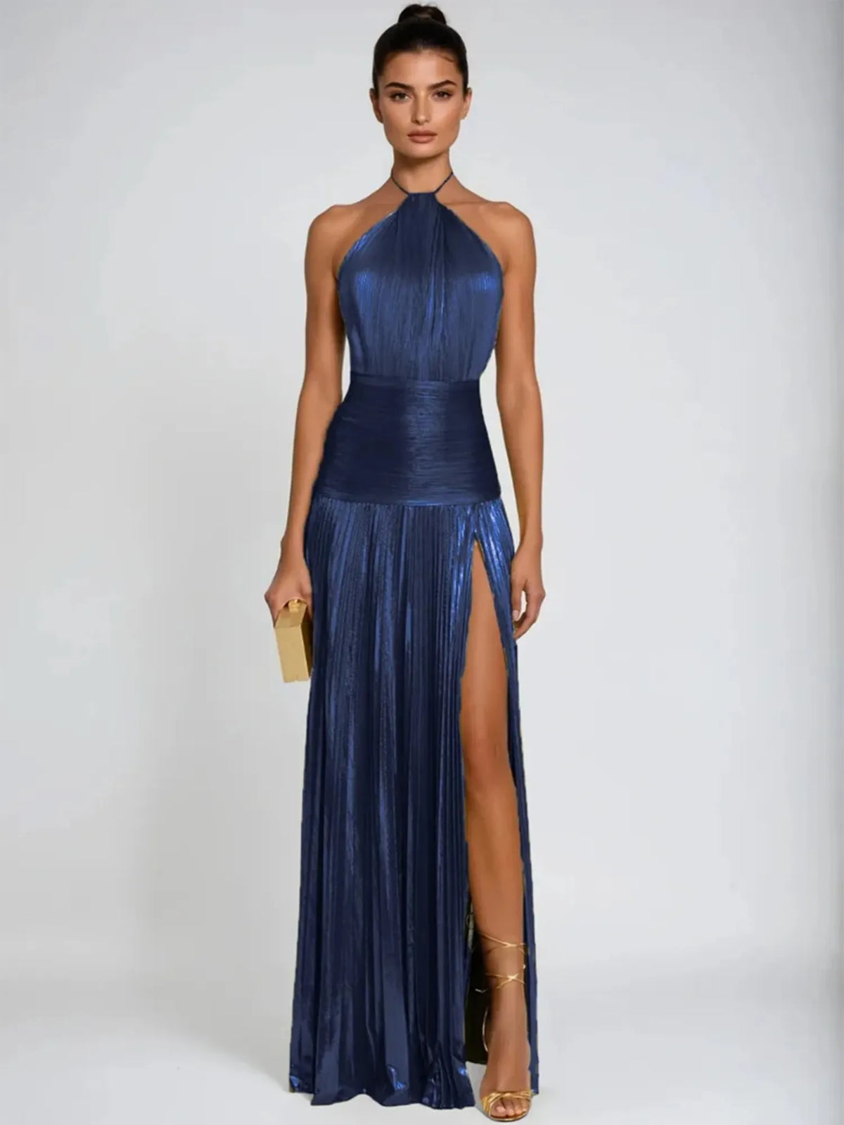 Amara Pleated Halter Maxi Dress with High Slit