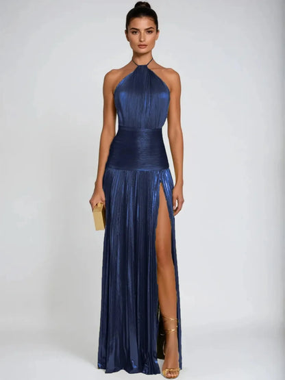 Amara Pleated Halter Maxi Dress with High Slit