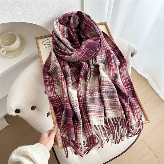 Color Block Plaid Fringe Scarf