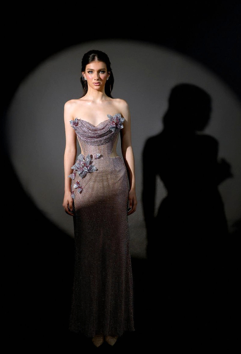 Strapless Floral Sparkly Maxi Dress Pink