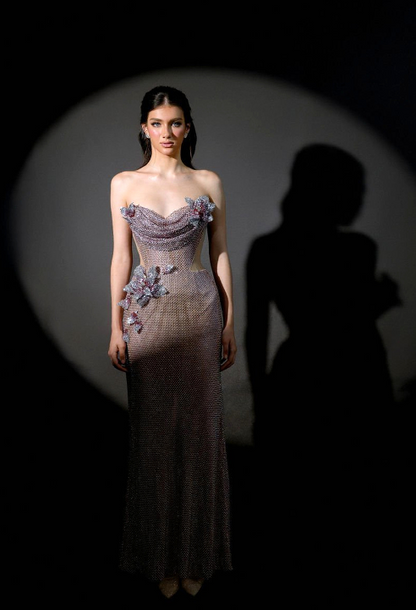 Strapless Floral Sparkly Maxi Dress Pink