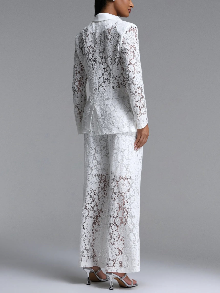 Elara Lace Satin-Trimmed Blazer & Wide-Leg Pant Suit
