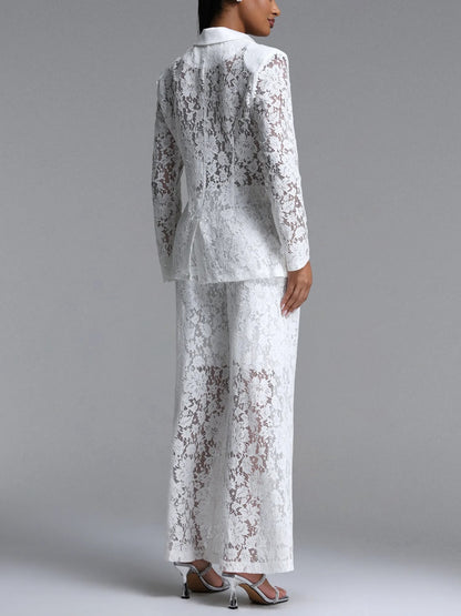 Elara Lace Satin-Trimmed Blazer & Wide-Leg Pant Suit