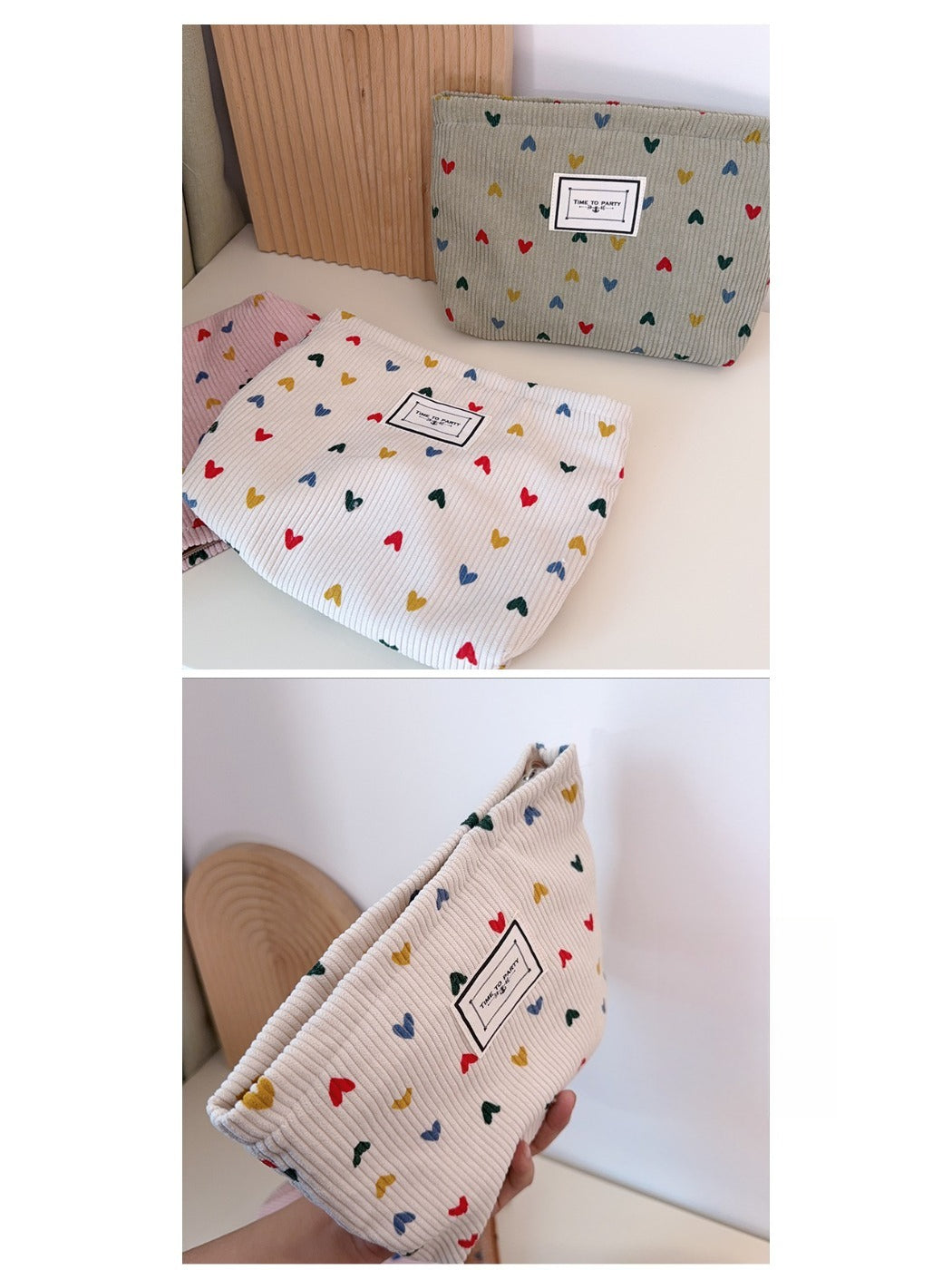 Cosbai - Corduroy Zippered Makeup Pouch with Heart-shaped Patterns