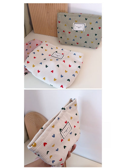 Cosbai - Corduroy Zippered Makeup Pouch with Heart-shaped Patterns