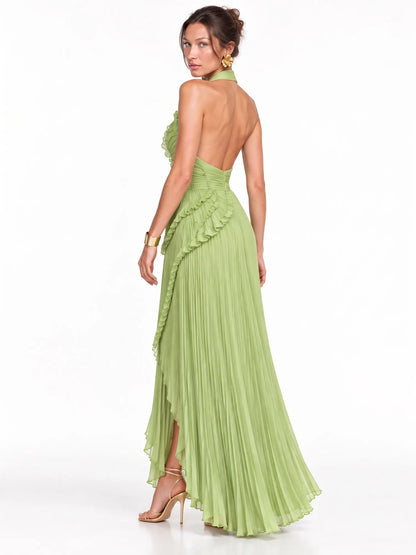 Adeline Pleated Ruffle Maxi Dress In Green