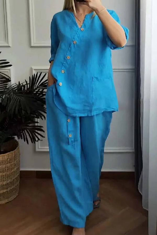 Solid Color Cotton And Linen Cropped Top \u0026 Wide Leg Pants Two-Piece Set