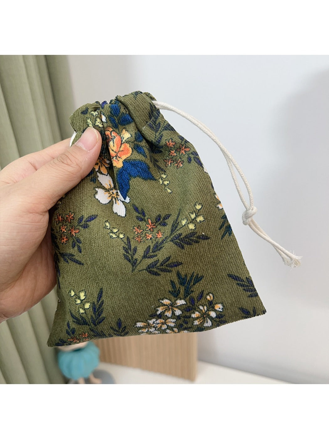 Cosbai - Corduroy Drawstring Pouch &amp; Coin Purse with Floral Patterns