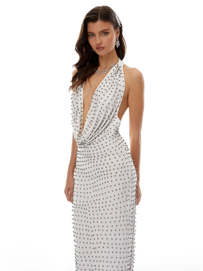 Aurora Drapped Bead Embellished Maxi Dress