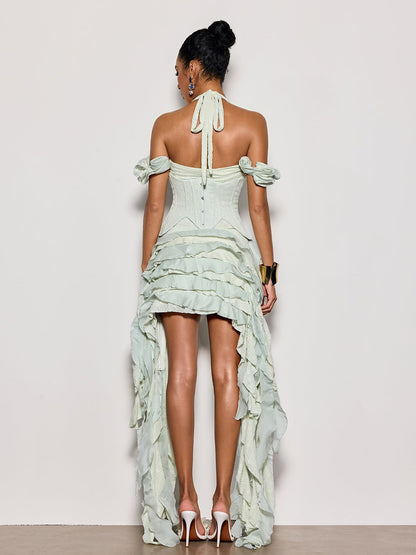 Aria Halterneck Ruffled Draped Dress In Green