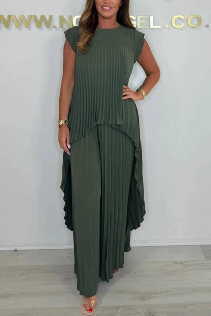 Round Neck Solid Sleeve Top Pleated Straight Pants Two-piece Set