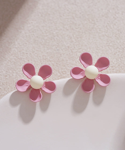 Stylish Pink Sterling Silver Alloy Floral Stud Earrings