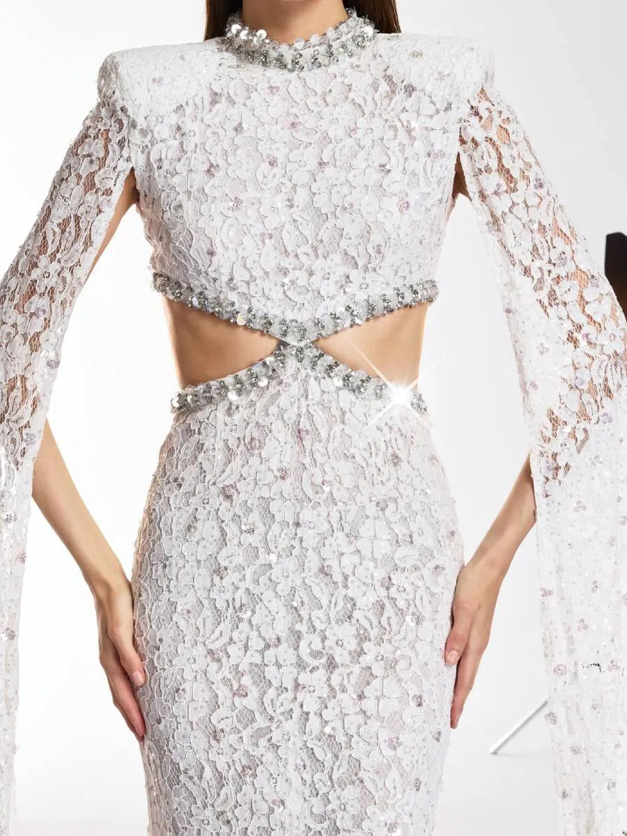 Savannah Cape Sleeve Rhinestone Cutout Maxi Dress