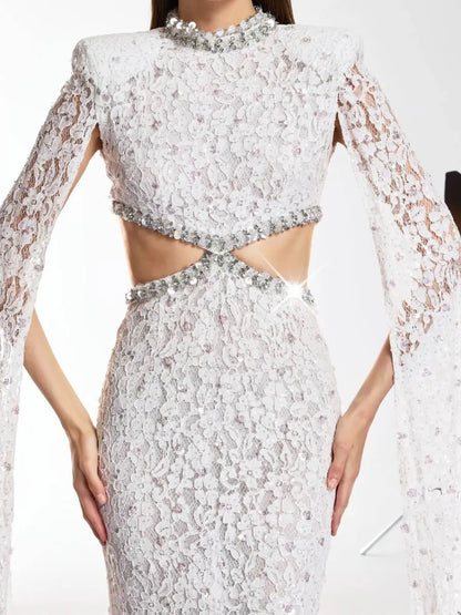 Savannah Cape Sleeve Rhinestone Cutout Maxi Dress