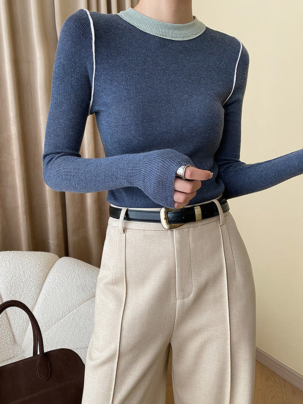 Long Sleeves Skinny Contrast Color Split-Joint Round-Neck Pullovers Sweater Tops
