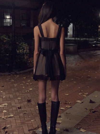 Talia Lace Ruffled Mini Dress In Black