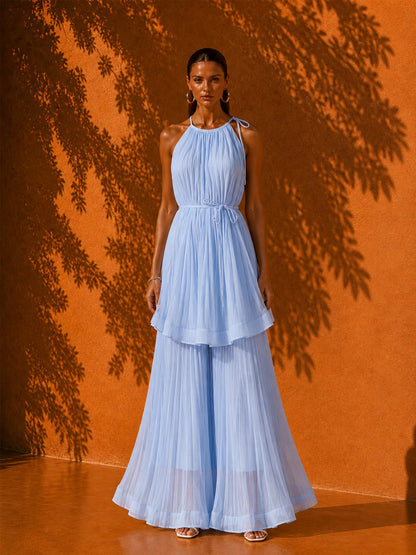 Ivy Pleated Sleeveless Maxi Beach Dress In Blue