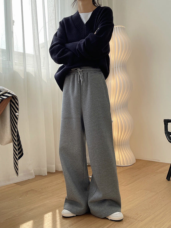 Simple Wide Leg Loose Velvet Drawstring Solid Color Casual Pants Bottoms