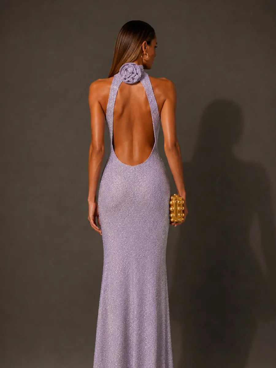 Ingrid Shimmering Backless Maxi Dress In Purple