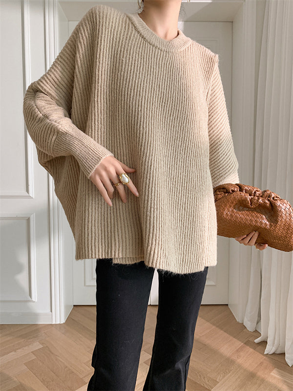 Irregularity Loose Solid Color Batwing Sleeves Round-Neck Sweater Tops