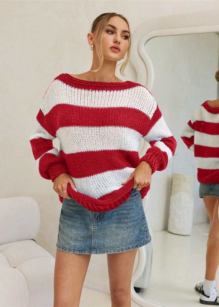 Striped Knit Boat Neck Sweater Navy White